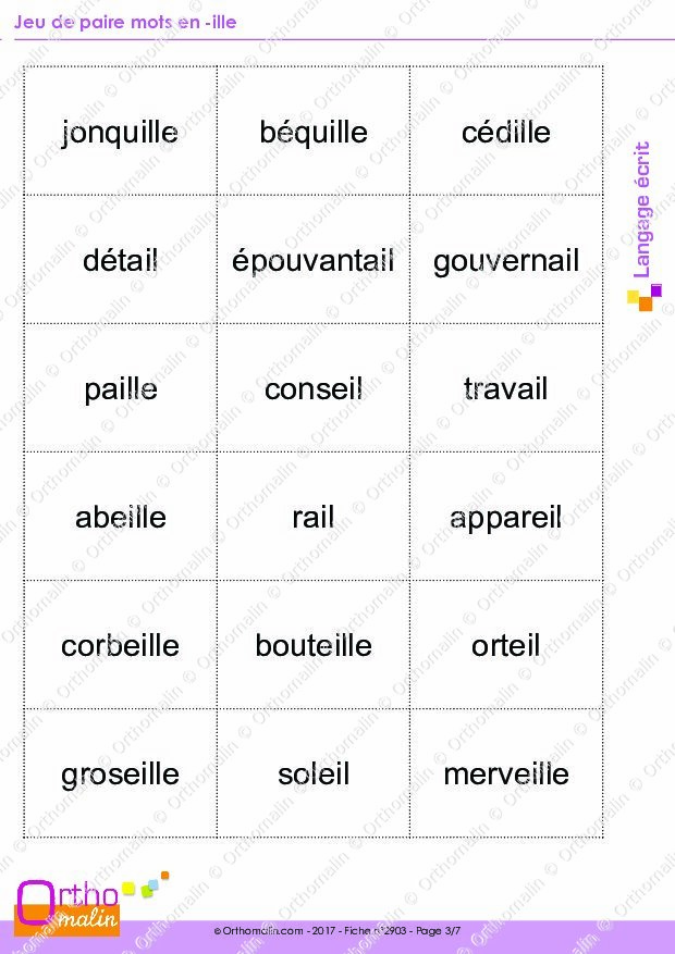 Ressource orthophonie Jeu de paire mots en ille Orthomalin