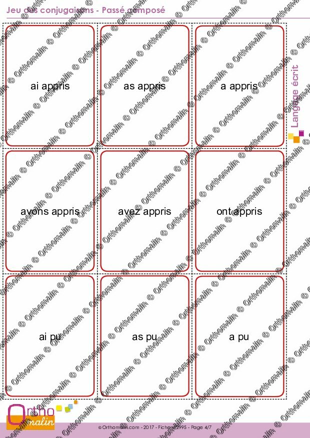 Ressource orthophonie  Jeu des conjugaisons  Passé composé  Orthomalin