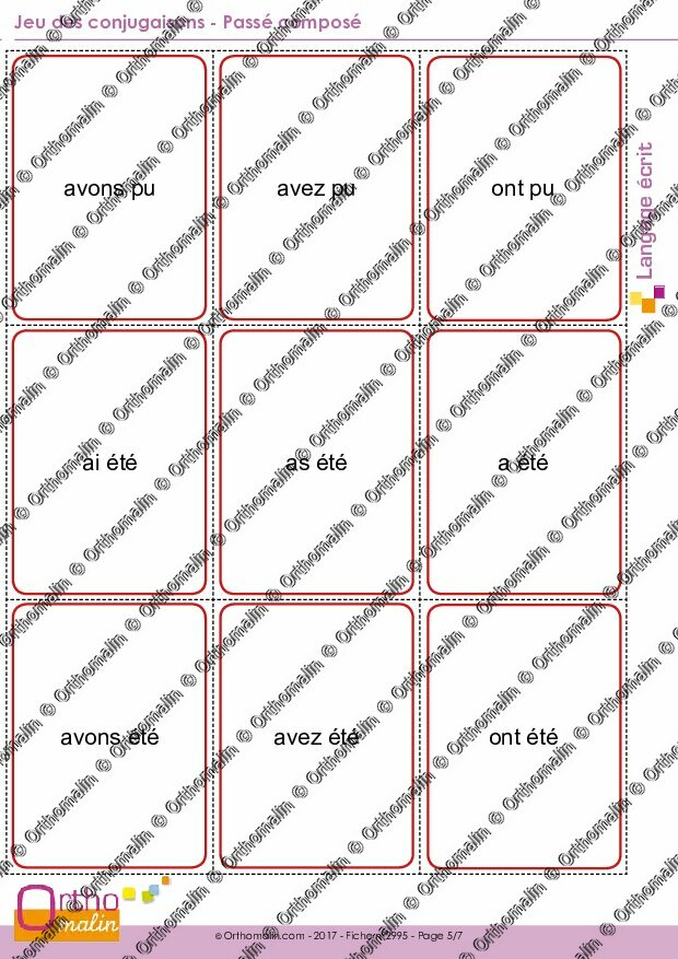 Ressource orthophonie  Jeu des conjugaisons  Passé composé  Orthomalin