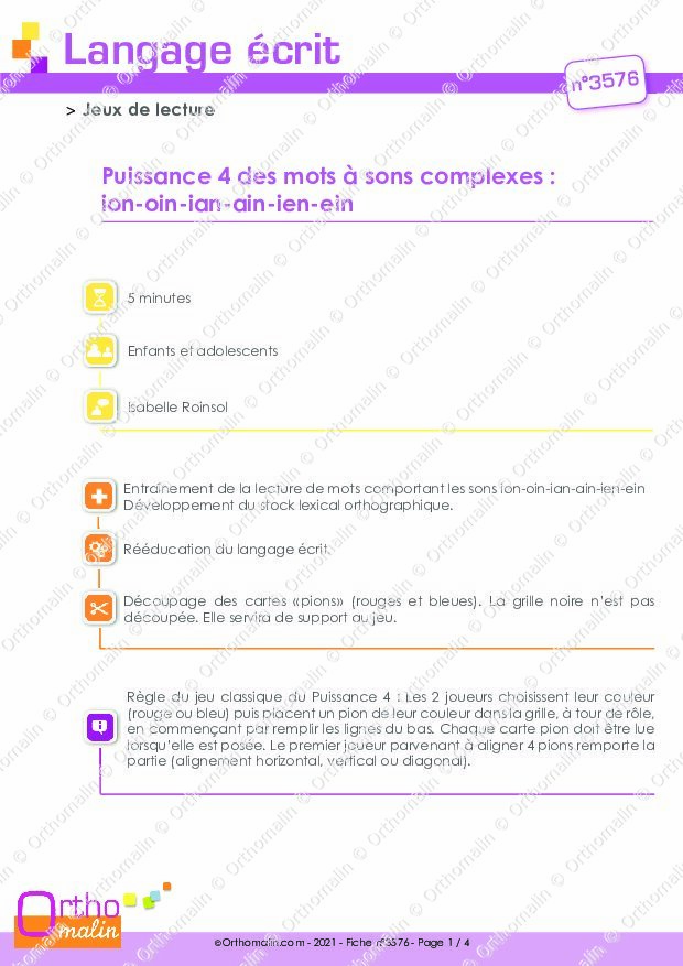Ressource Orthophonie Puissance 4 Des Mots A Sons Complexes Ion Oin Ian Ain Ien Ein Orthomalin