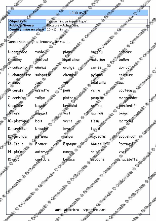 Trouver L'intrus Dans Une Liste De Mots Ressource orthophonie - Intrus sémantique 1 | Orthomalin