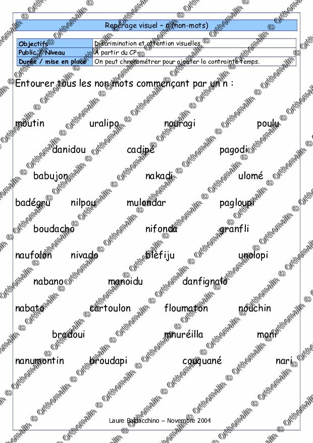 Ressource orthophonie Repérage visuel n (nonmots) Orthomalin Ressource orthophonie Repérage visuel n (nonmots) Orthomalin