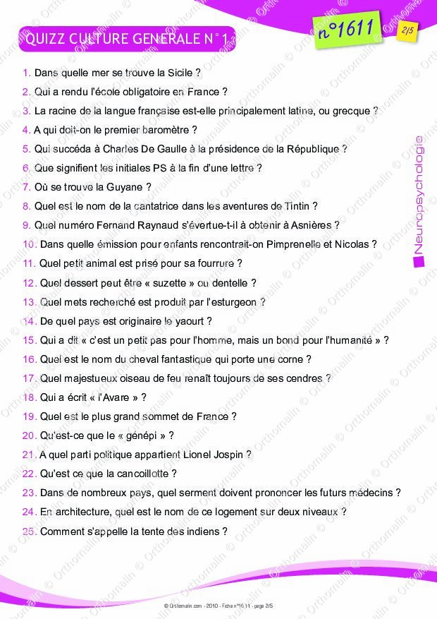 Questions Culture Générale Avec Réponses Pdf Ressource orthophonie - QUIZZ CULTURE GENERALE N°1 | Orthomalin