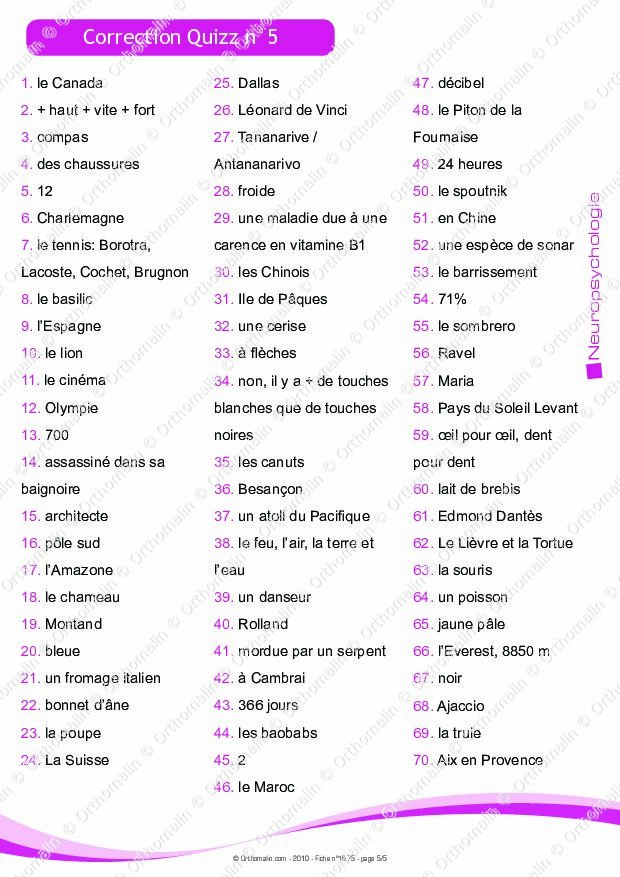 Quiz Questions De Culture Générale Avec Réponses à Imprimer Ressource orthophonie - QUIZZ CULTURE GENERALE N°5 | Orthomalin