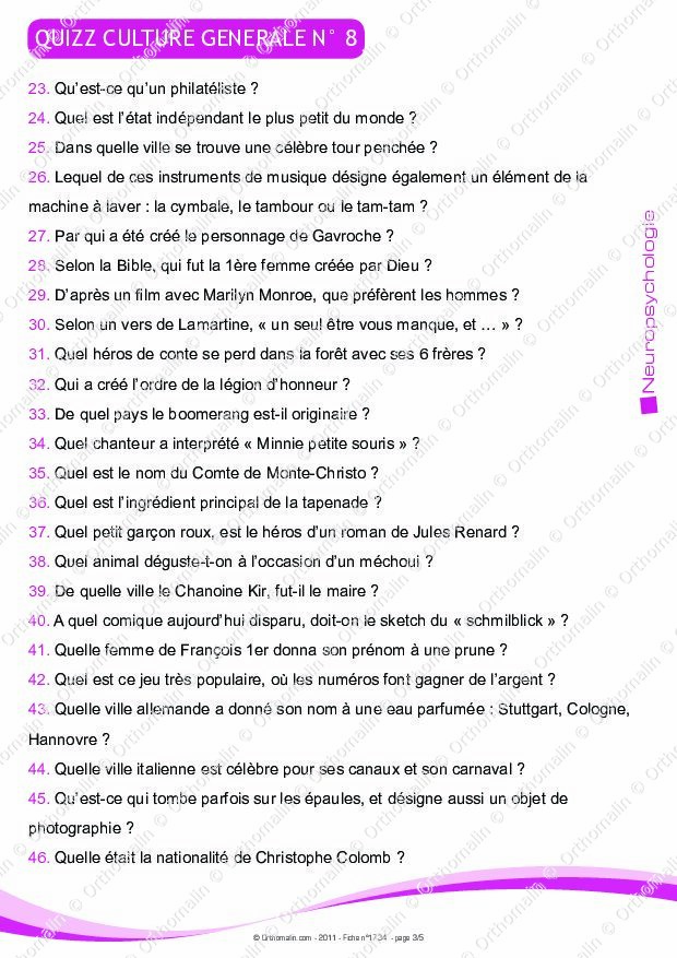 Questions De Culture Générale Avec Réponses Pdf 2022 Ressource orthophonie - QUIZZ CULTURE GENERALE N°8 | Orthomalin