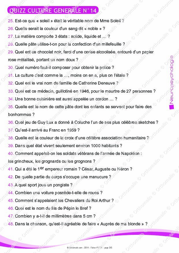 100 Questions Réponses Culture Générale Gratuit Ressource orthophonie - QUIZZ CULTURE GENERALE N°14 | Orthomalin