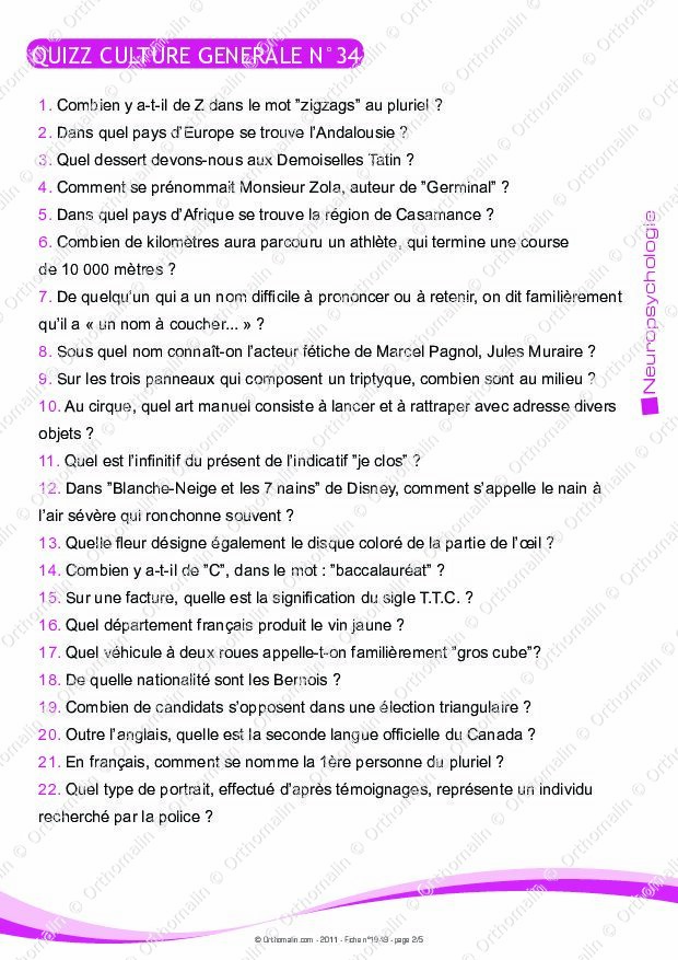 20 Questions De Culture Générale Avec Réponse Pdf Ressource orthophonie - QUIZZ CULTURE GENERALE N°34 | Orthomalin