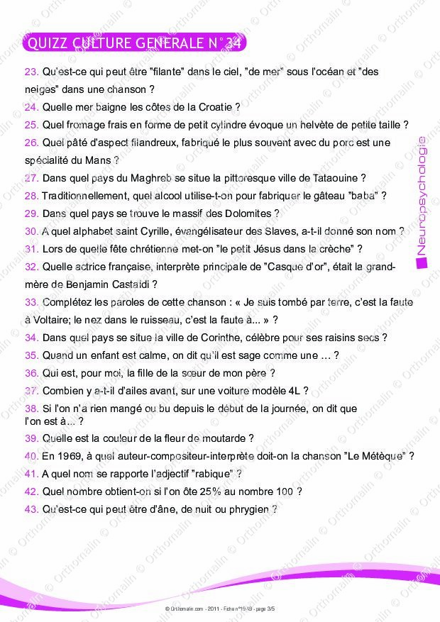 Quiz Questions De Culture Générale Avec Réponses à Imprimer Ressource orthophonie - QUIZZ CULTURE GENERALE N°34 | Orthomalin