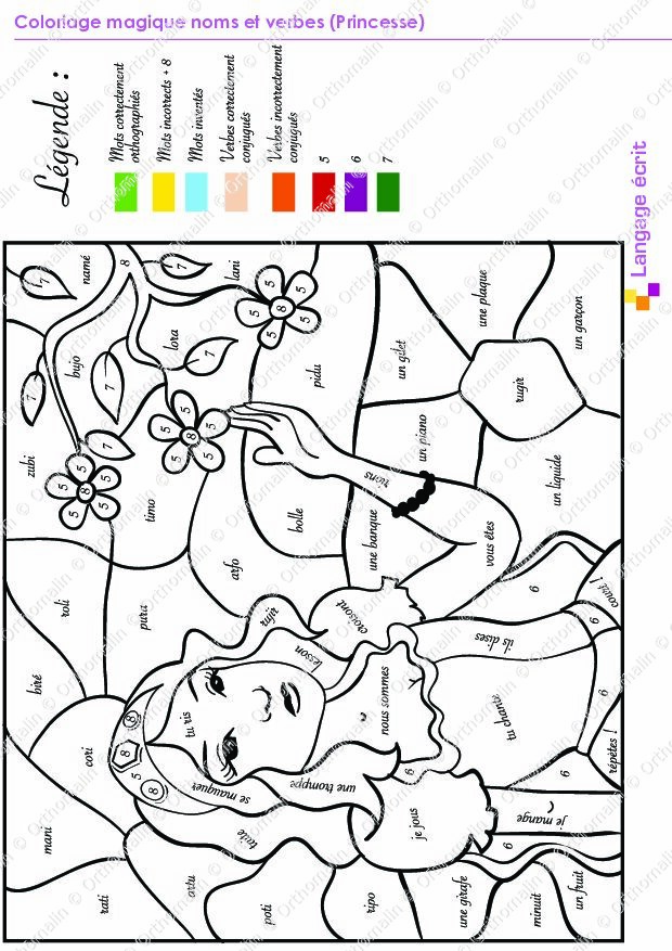 Coloriage magique noms et verbes (Princesse) | Orthomalin Coloriage magique noms et verbes (Princesse) | Orthomalin
