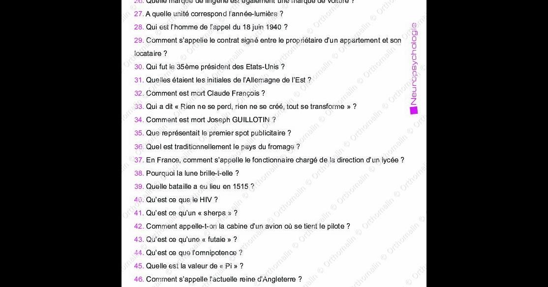 100 Questions Reponses Culture Générale QUIZZ CULTURE GENERALE N° 2 | Orthomalin