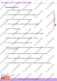 Les fruits - mots à caser et questionnaire