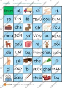 Le damier des mots (jeu de lecture sur les sons ou, on, oi...)