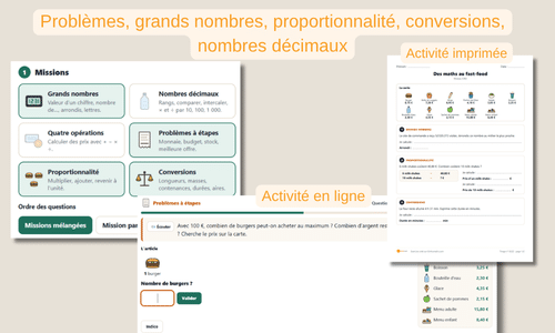 Générez des activités autour des grands nombres, des nombres décimaux, de la proportionnalité, des conversions, des problèmes à étapes ainsi que des 4 opérations mathématiques
